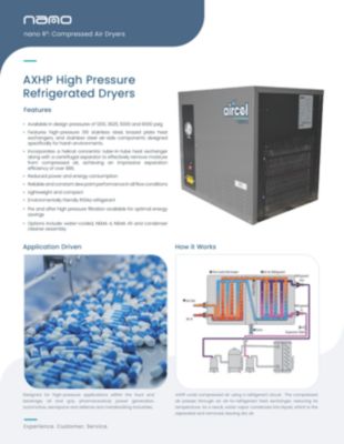 The US model of the nano aircel AXHP high pressure non-cycling refrigerated dryer brochure version 001.