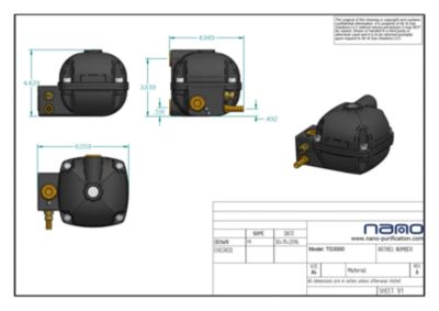 The GA General Arrangement Drawing for the nano-purification solutions' EN-US and EN-CA ND TD3000 Zero Air Loss Drains.