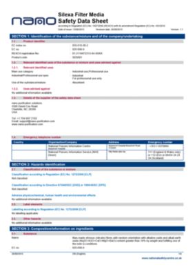 material safety data sheet MSDS for the Silexa filter media in Sepura oil water separator