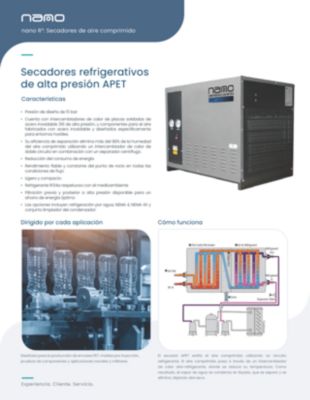The nano aircel APET high pressure refrigerated dryer brochure in Spanish.