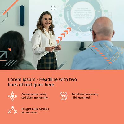 Social media post layout with an image, geometric EVP icons and peach text box at the bottom