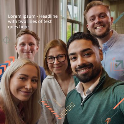 Social media post layout with an image, text in top left and geometric EVP icons