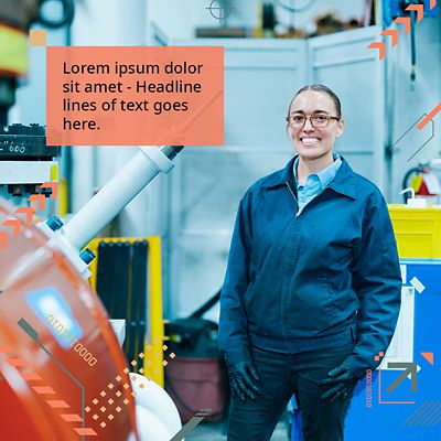 Social media post layout with an image, peach text box in top left and geometric EVP icons