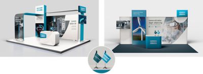 Two design examples of an Atlas Copco exhibition booth