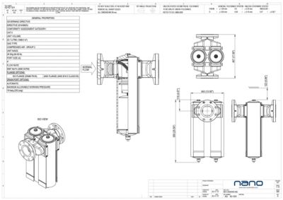 The general arrangement drawing for the nano NFE 3000 water separator filter product.
