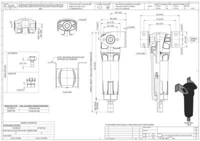 A general arrangement drawing for the 0006 to 0015 models of water separator filters