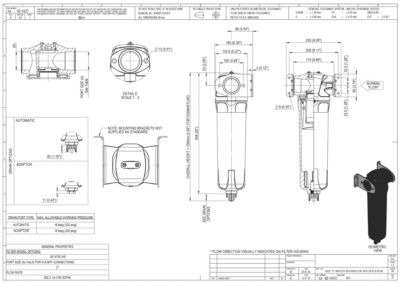 A general arrangement drawing for the 0700 model of water separator filters