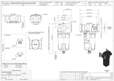 A general arrangement drawing for the 0850 to 1500 models of water separator filters