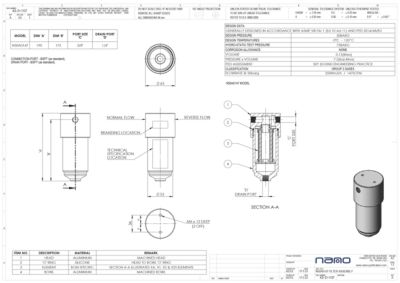 The general arrangement drawing for the F3 N50A mid pressure aluminum filter, model 0147