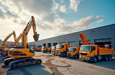Many bright yellow heavy construction machines stand at city construction site. Trucks parked alongside large warehouse. Industrial equipment visible. Commercial vehicles construction site machinery