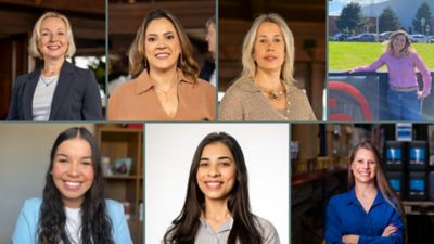 Foto de mulheres do Grupo Atlas Copco: Vera Zaitseva, Silvia Sauaia, Alessandra Sellmer, Priscila Nunes, Ketellen Silva, Laryssa Silva e Samantha Santos