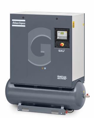 GA 7 Oil-injected screw compressor with elektronikon controller.
Tankmounted version.