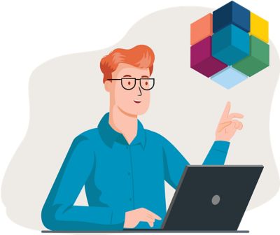 Illustration of an Atlas Copco employee in front of a computer