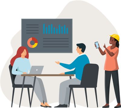 Illustration of Atlas Copco employees in a conference room