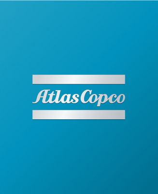 Gradient Atlas Copco logo in grey on a teal background