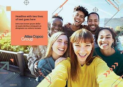 Horizontal poster featuring geometric EVP icons and a peach text box at top left