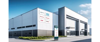 Facility branding with the Atlas Copco Group logo as well as the logo for Atlas Copco, Edwards, Leybold, CSK and Precision plus.