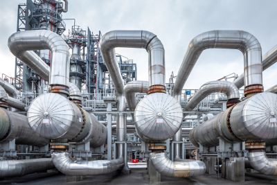 heat exchanger at an oil refinery, large size, daylight. Deep processing of oil