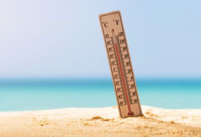 Close-up Of Thermometer On Sand Showing High Temperature