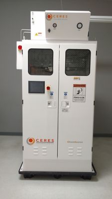ChemSource 1100 unit, HMI powered off, valves visible though the two cabinet windows, unlit