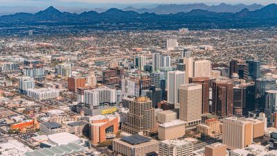 Aerial View of Downtown Phoenix, Arizona on a Sunny Winter Day, with Squaw Peak in the Background