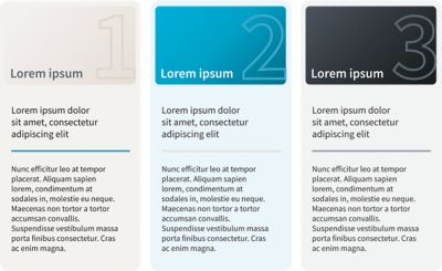 A group of three vertical infographic cards in beige, blue and dark grey