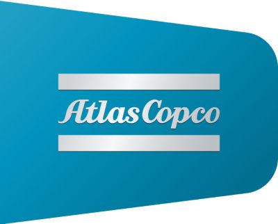 Gradient Atlas Copco logo in the shape of a teal innovation flag
