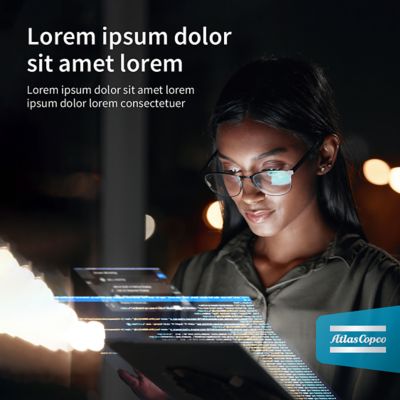 Template social media post with the Atlas Copco innovation flag logo in the bottom right corner