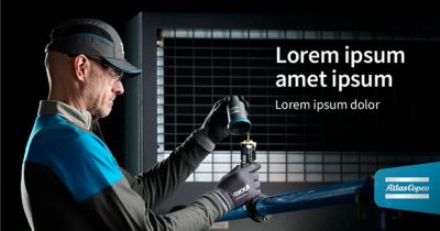 Template social media post with the Atlas Copco innovation flag logo in the bottom right corner