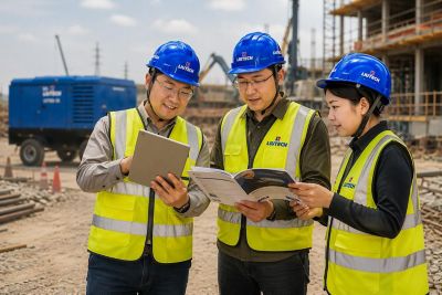 Liutech engineers checking commercial documentation on a construction site