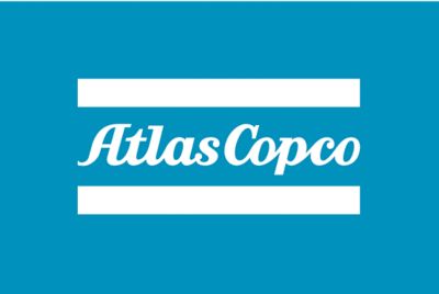Atlas Copco logo in white in a teal box