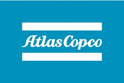 Atlas Copco logo in white in a teal box