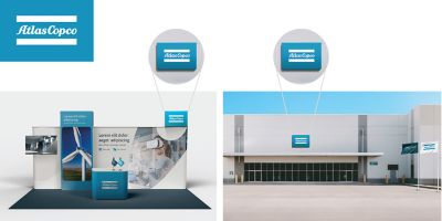 Examples of how to place the Atlas Copco logotype box, in a exhibition booth and on an office building