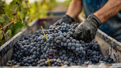 Man's hands pushing grapes into a grape crusher machine - winemaking application