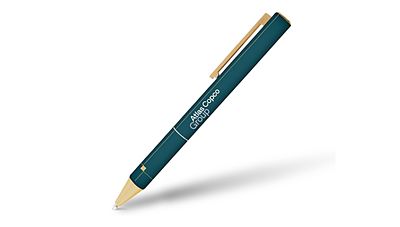 A teal and gold aluminum pen with the Group branding 