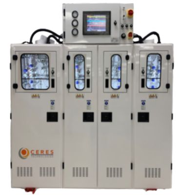 MultiPure unit, HMI powered on and valves visible through the four cabinet windows