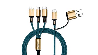 Teal and gold multi- charging cable with Group branding 