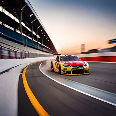 A NASCAR vehicle is racing down a track around a curve