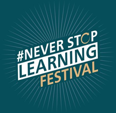 #NeverStopLearning Festival-ikon på en blågrön bakgrund