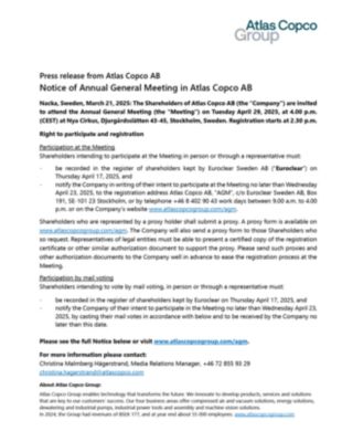 Notice of Annual General Meeting in Atlas Copco AB