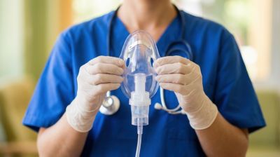 Faceless nurse holding clean oxygen mask.