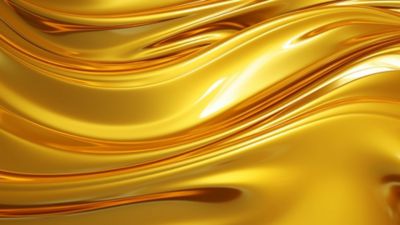 Abstract image of flowing golden liquid with smooth, wave-like curves and glossy reflections, resembling molten metal or oil under warm light.
