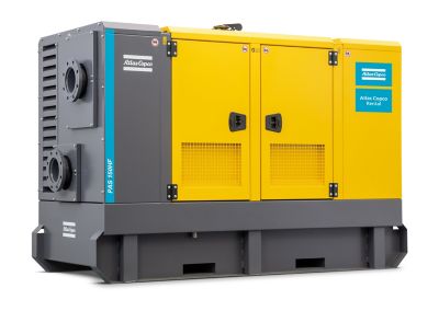 A product photo from a yellow diesel-driven vacuum-assisted pump from Atlas Copco Rental. 