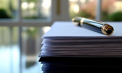 Pile of documents laying on a shiny desk with a fancy pen on top.