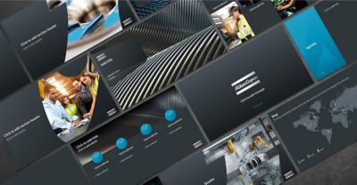 Atlas Copco PowerPoint template slides in a dark theme