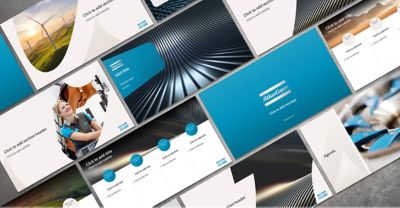 Atlas Copco PowerPoint template slides in a light theme