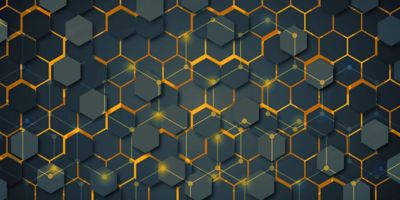 Abstract dark background with layered hexagonal shapes and glowing orange grid lines, connected by node-like points suggesting a digital network or technological system.