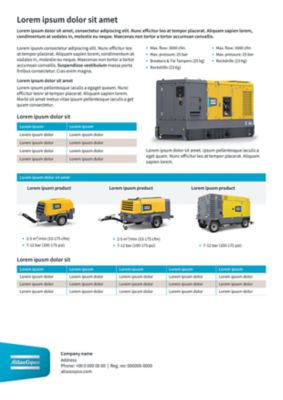 Content side of the product sheet with images, text and the Atlas Copco logo in an innovation flag at the bottom left.