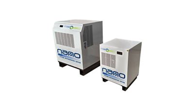 Two refrigerated cycling dryer sizes standing together, with the nano logo on the front