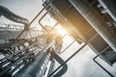 equipment and pipeline in oil refinery in clear sky